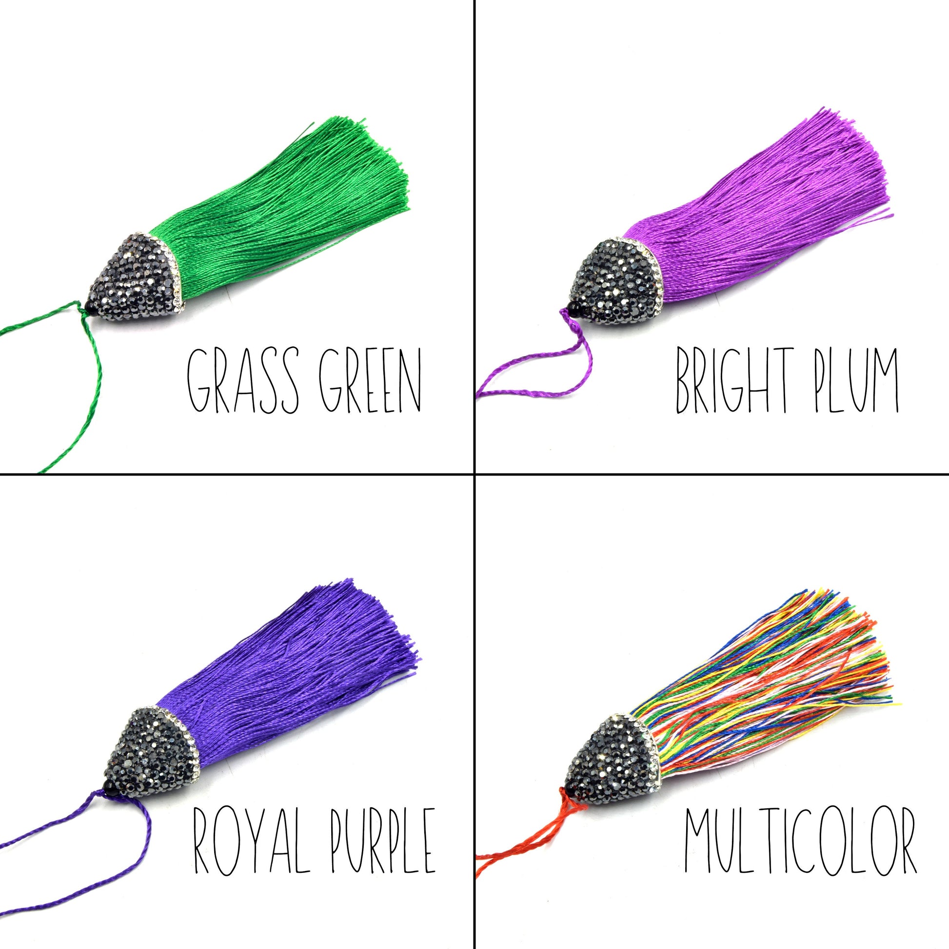 Pave Capped Tassel | 3 Inch Pave Rhinestone Flat Cap Silk Tassel | Green, Blue, Purple, Pink, Orange, Yellow, Red, White, Brown Pendant