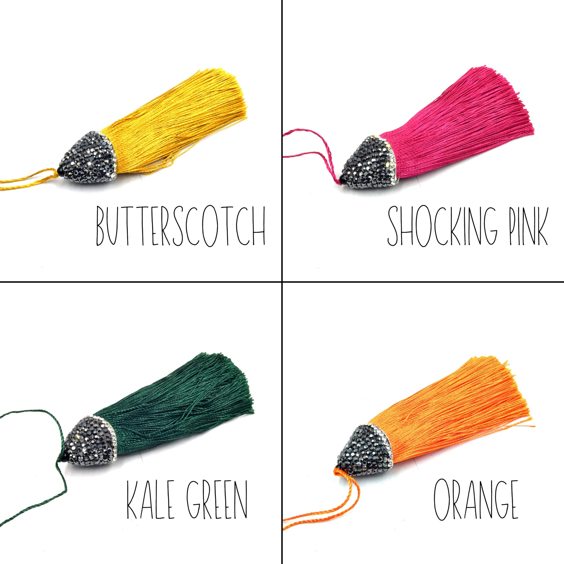 Pave Capped Tassel | 3 Inch Pave Rhinestone Flat Cap Silk Tassel | Green, Blue, Purple, Pink, Orange, Yellow, Red, White, Brown Pendant