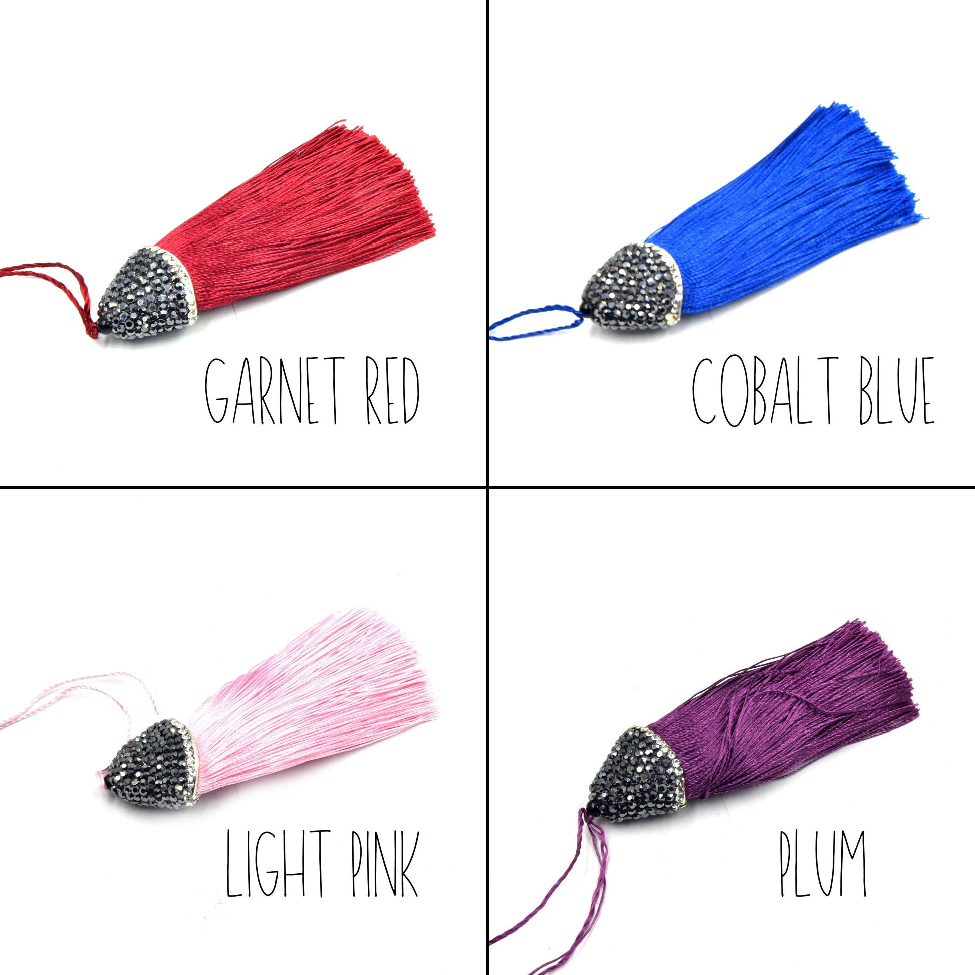 Pave Capped Tassel | 3 Inch Pave Rhinestone Flat Cap Silk Tassel | Green, Blue, Purple, Pink, Orange, Yellow, Red, White, Brown Pendant