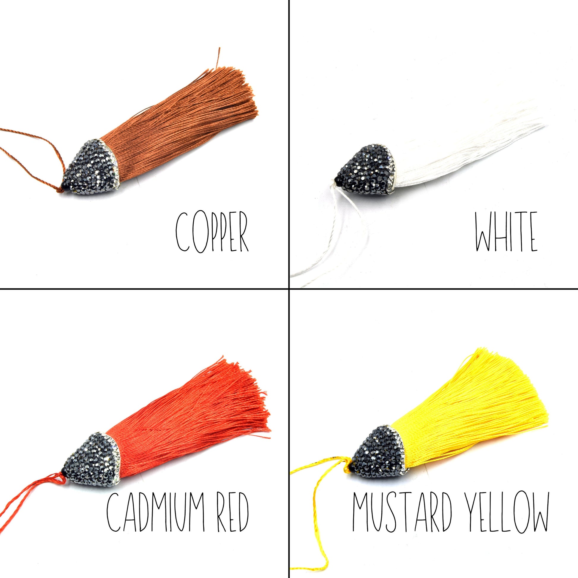 Pave Capped Tassel | 3 Inch Pave Rhinestone Flat Cap Silk Tassel | Green, Blue, Purple, Pink, Orange, Yellow, Red, White, Brown Pendant