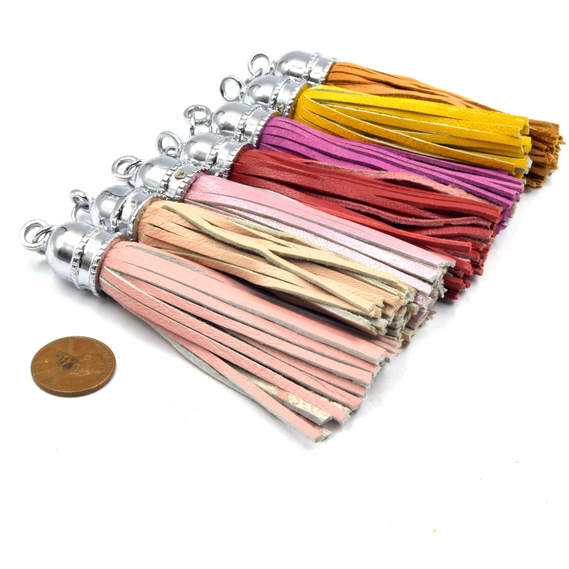 Leather Tassel | 3.5 inch Genuine Leather Silver Bullet Capped Tassel Pendant with Attached Ring | Pink Nude Tan Red Yellow Pendants
