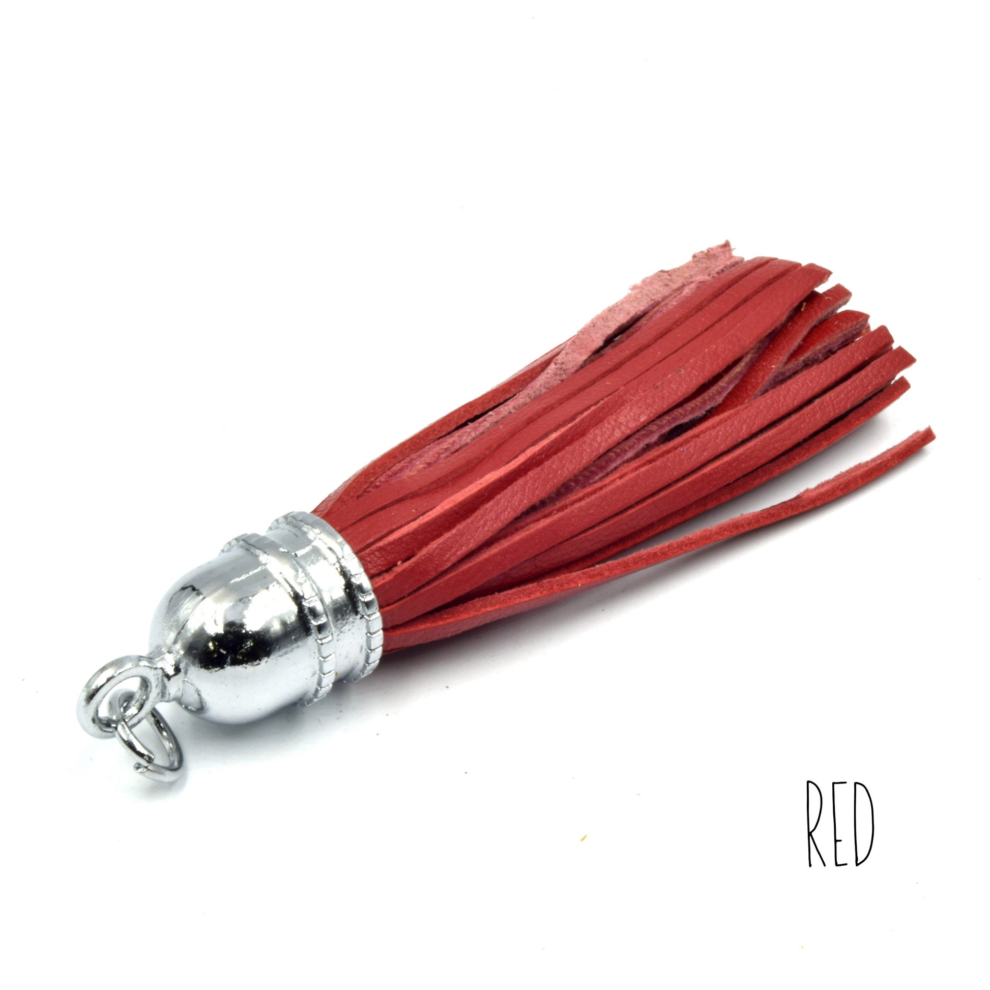 Leather Tassel | 3.5 inch Genuine Leather Silver Bullet Capped Tassel Pendant with Attached Ring | Pink Nude Tan Red Yellow Pendants