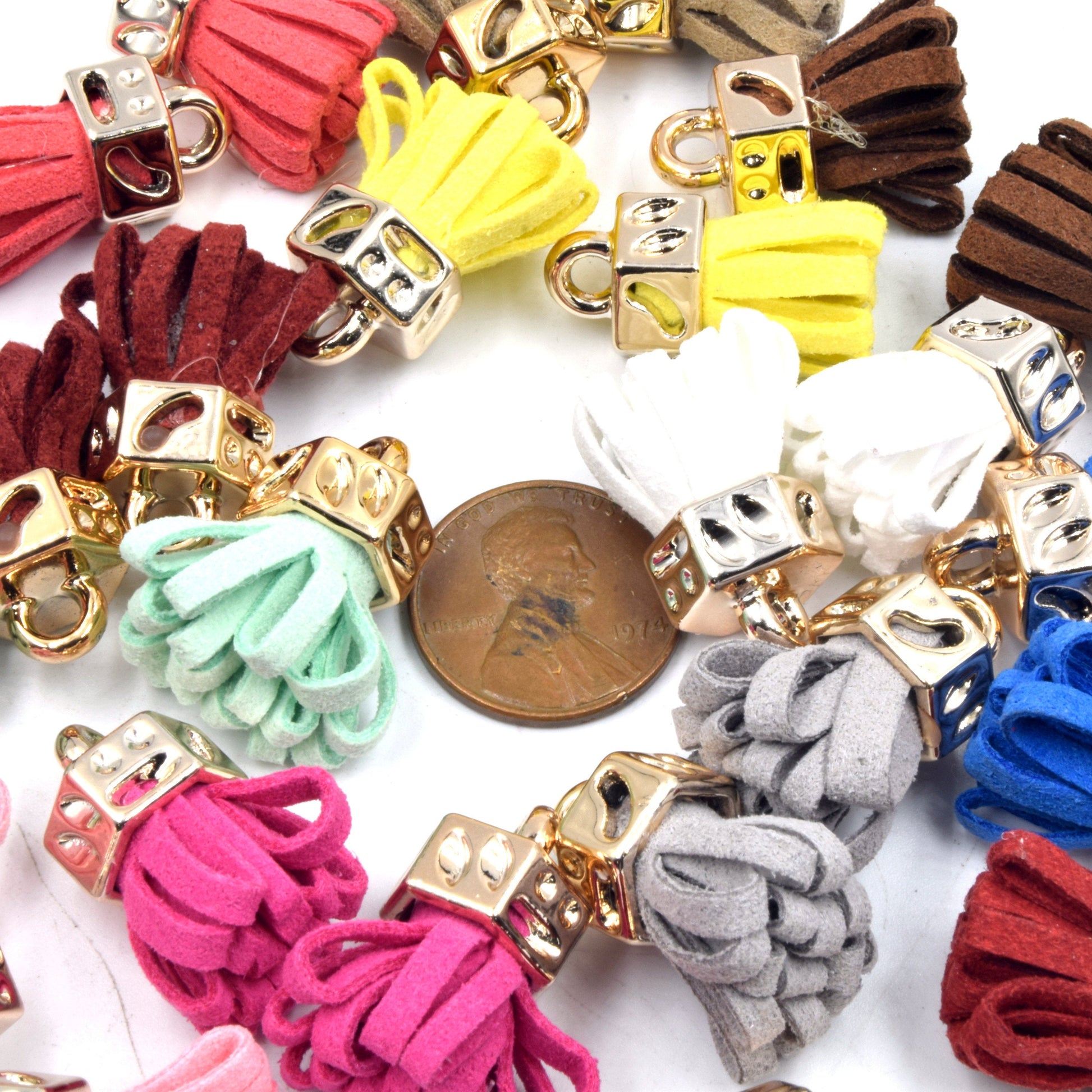 Tassels | One inch Faux Suede Mini Tassel with Light Gold Cap | Sold in packs of 5 | Purple, Pink, Brown, Blue, Yellow, Red, Green Pendants