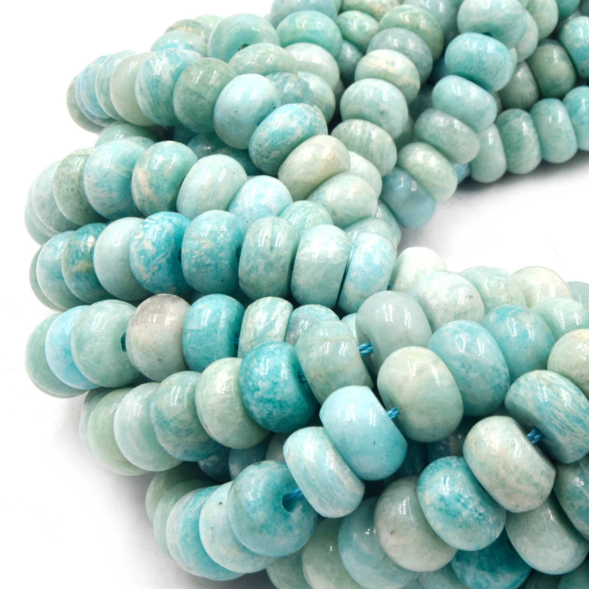 Large Hole Amazonite Beads | Blue Amazonite Smooth Rondelle Shaped Beads with 2mm Holes | 7.5" Strand | 10mm Available