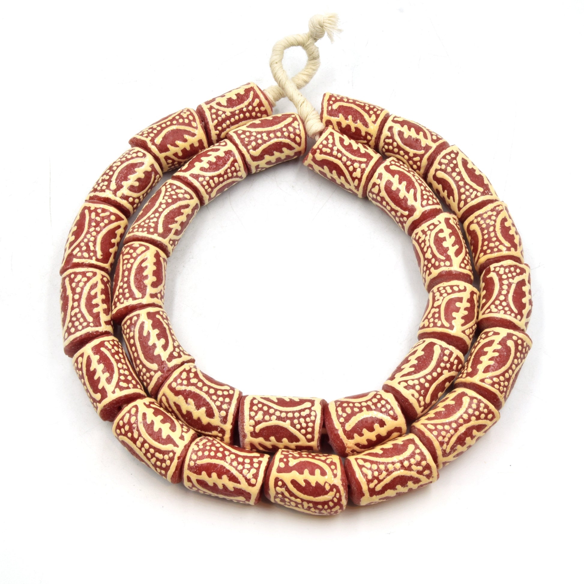 African Glass Beads | Krobo Beads| Hand Painted Gye Nyame Recycled Glass Tube Shaped Beads - Sold by Approx. 29" Strand (~30 Beads)