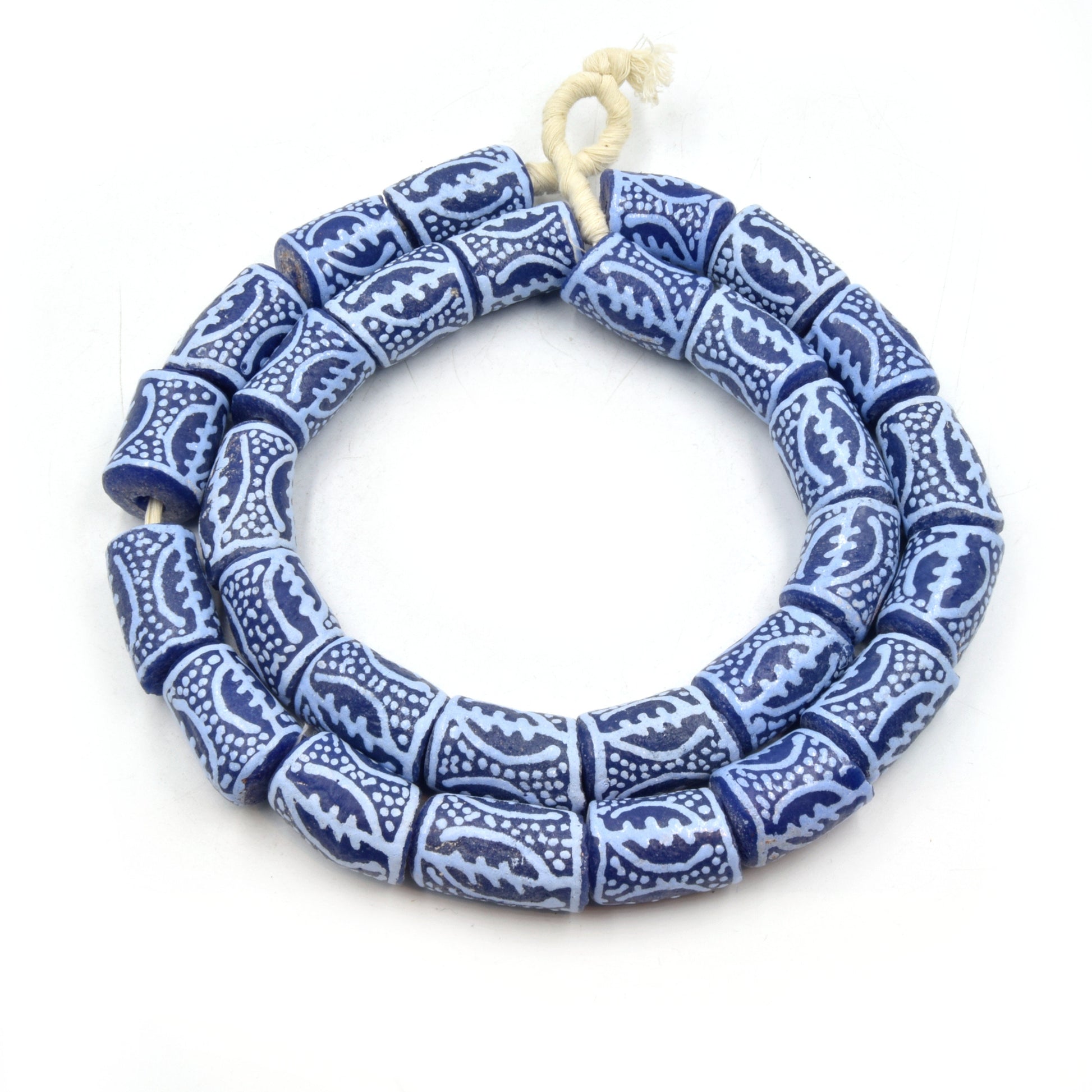 African Glass Beads | Krobo Beads| Hand Painted Gye Nyame Recycled Glass Tube Shaped Beads - Sold by Approx. 29" Strand (~30 Beads)