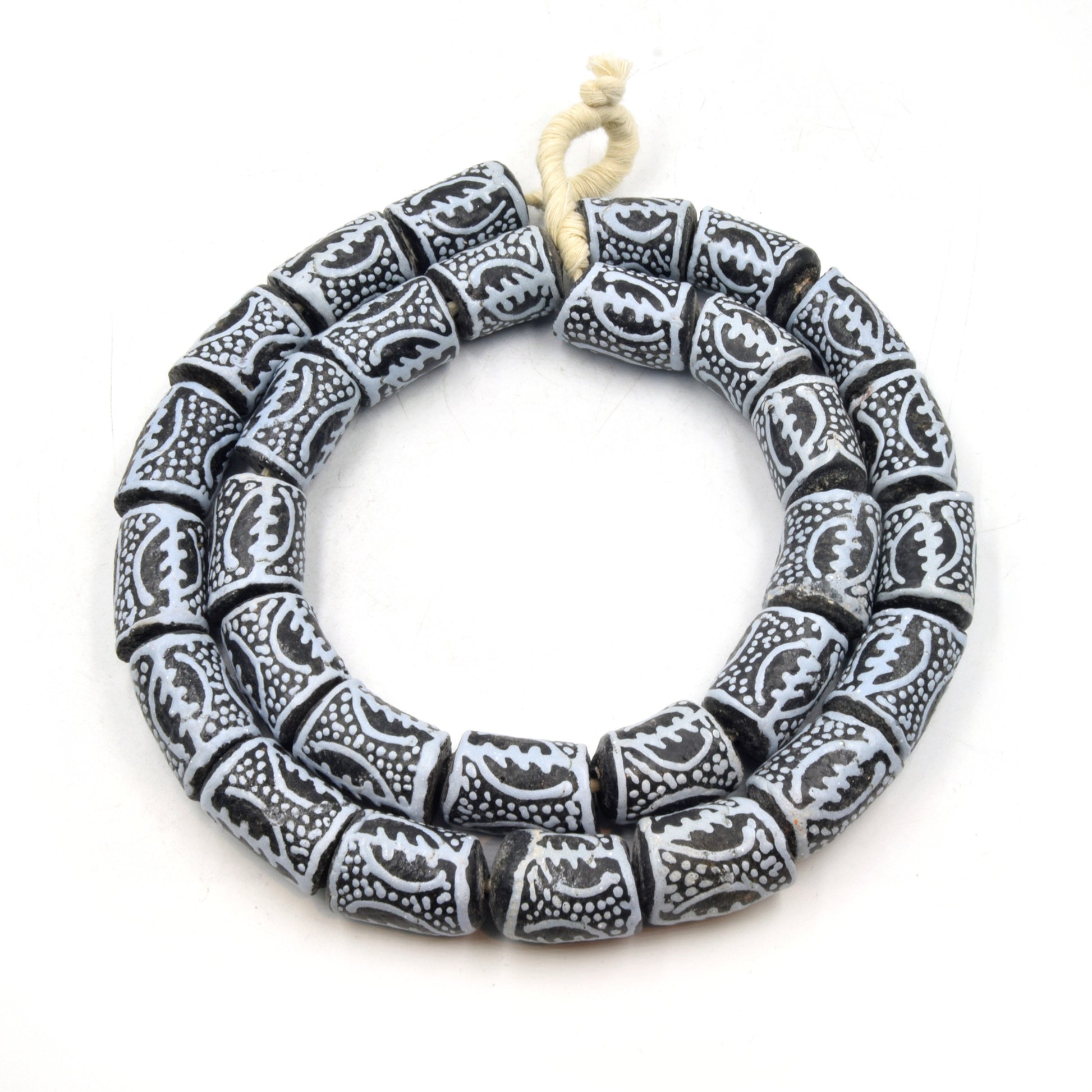 African Glass Beads | Krobo Beads| Hand Painted Gye Nyame Recycled Glass Tube Shaped Beads - Sold by Approx. 29" Strand (~30 Beads)