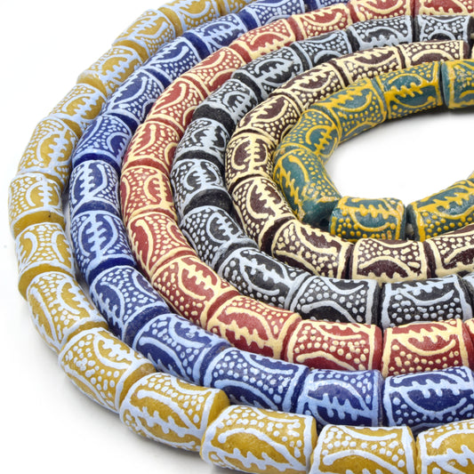 African Glass Beads | Krobo Beads| Hand Painted Gye Nyame Recycled Glass Tube Shaped Beads - Sold by Approx. 29" Strand (~30 Beads)