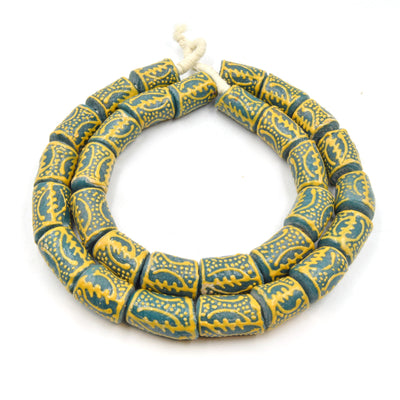 African Glass Beads | Krobo Beads| Hand Painted Gye Nyame Recycled Glass Tube Shaped Beads - Sold by Approx. 29&quot; Strand (~30 Beads)