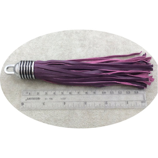 Leather Tassels | 7 inch Leather Tassel with Silver Cap | Leather Pendants | Purple Olive Brown Tassels | Long Tassels
