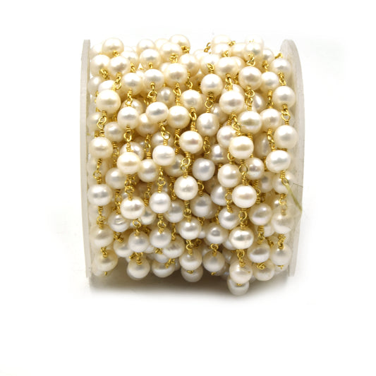 Pearl Rosary Chain | 6mm Round Freshwater Pearl Chain | Gold Chain & Gunmetal Chain | Chain for Jewelry Making