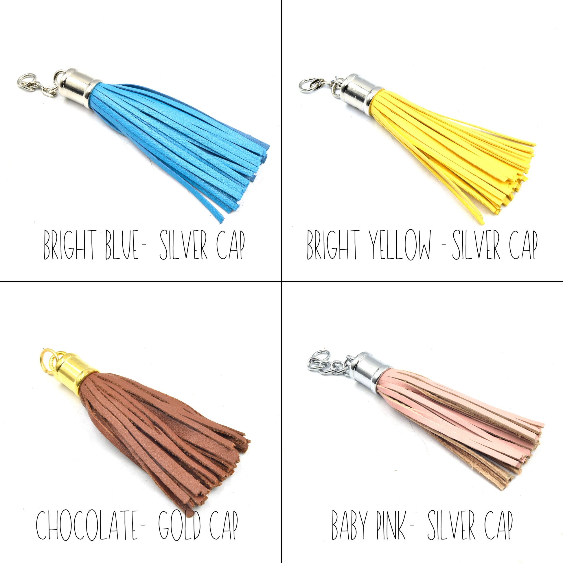 Leather Tassels | 3 inch Tassel with Attached Ring - Gold or Silver Cap | Black White Red Green Yellow Pink Pendants