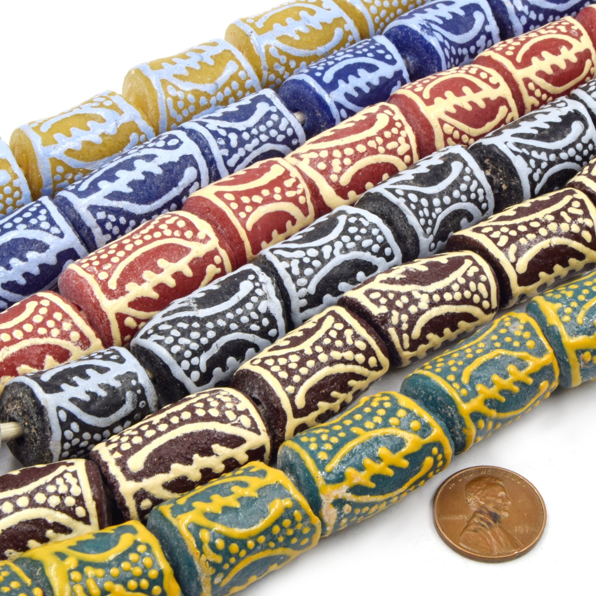 African Glass Beads | Krobo Beads| Hand Painted Gye Nyame Recycled Glass Tube Shaped Beads - Sold by Approx. 29" Strand (~30 Beads)
