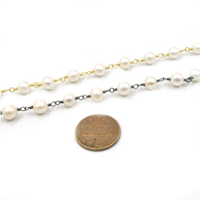 Pearl Rosary Chain | 6mm Round Freshwater Pearl Chain | Gold Chain & Gunmetal Chain | Chain for Jewelry Making