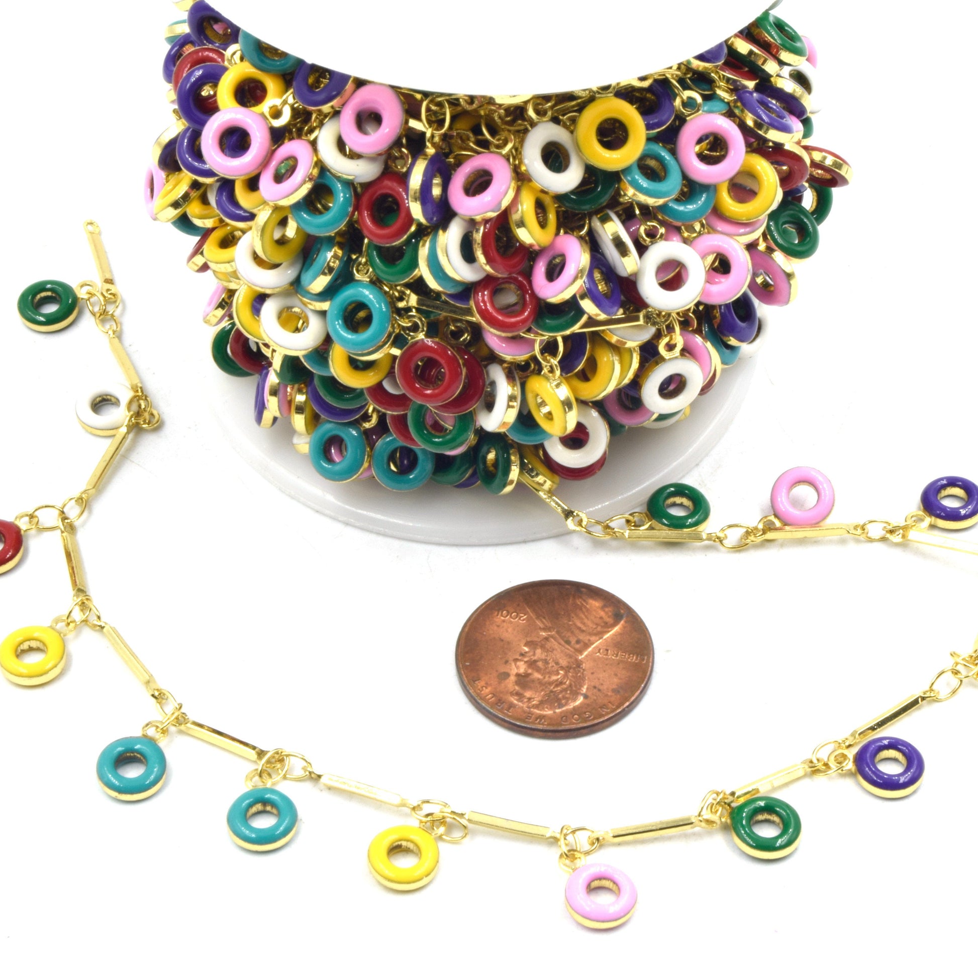 Enamel Dangle Chain | Donut Chain | Multicolor Chain | Link Chain | Colored Enamel Chain | Gold Chain for Jewelry Making