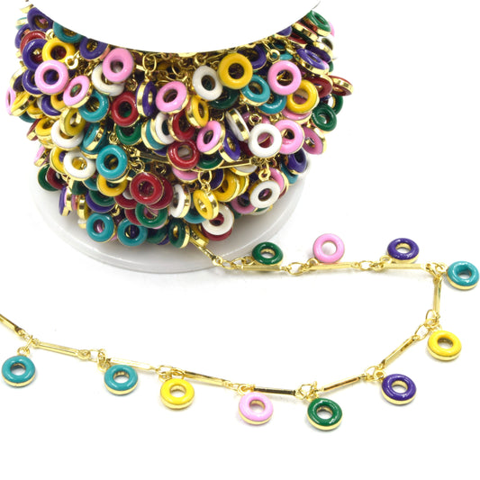 Enamel Dangle Chain | Donut Chain | Multicolor Chain | Link Chain | Colored Enamel Chain | Gold Chain for Jewelry Making
