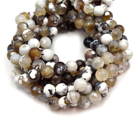 Fire Agate Beads | Dyed Brown White Mix Faceted Round Gemstone Beads - 12mm Available