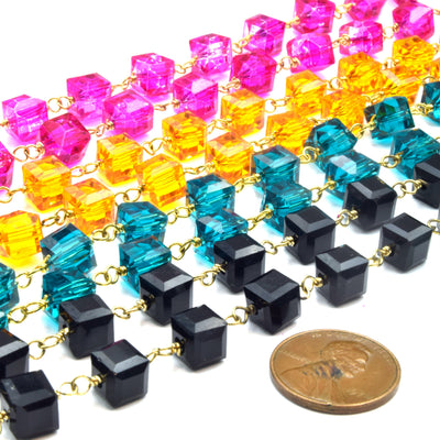 Rosary Chain | Cube Link Chain | Chinese Crystal Cube Chain | Black Pink Yellow Teal Chain | Gold Rosary Chain