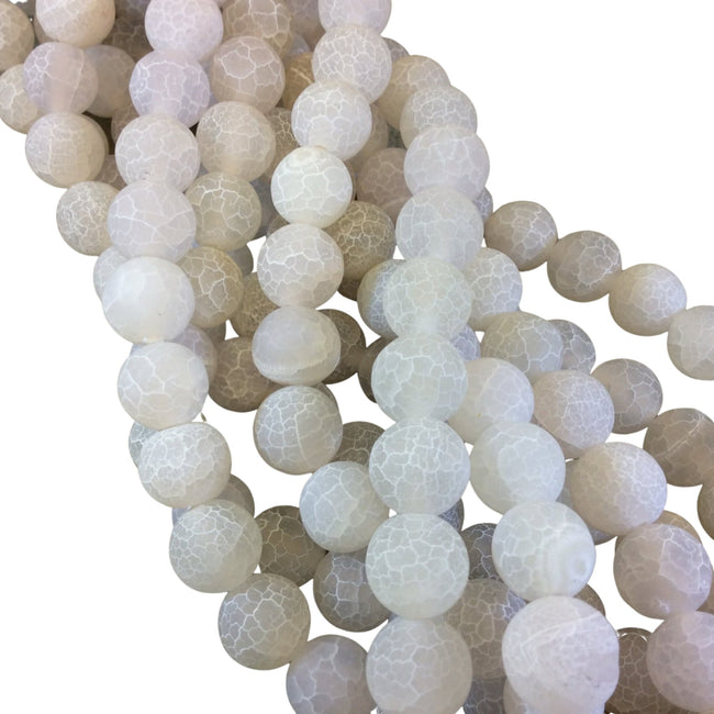 12mm Matte Finish Smooth Round White Crackle/Veined Agate Beads - 15" Strand (Approximately 33 Beads) - Natural Semi-Precious Gemstone