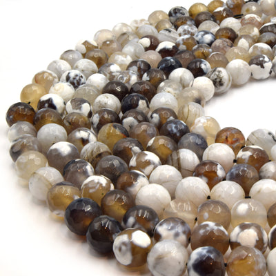 Fire Agate Beads | Dyed Brown White Mix Faceted Round Gemstone Beads - 12mm Available