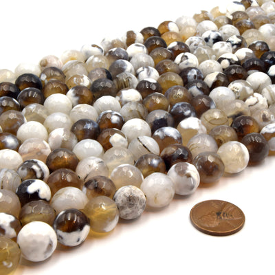Fire Agate Beads | Dyed Brown White Mix Faceted Round Gemstone Beads - 12mm Available