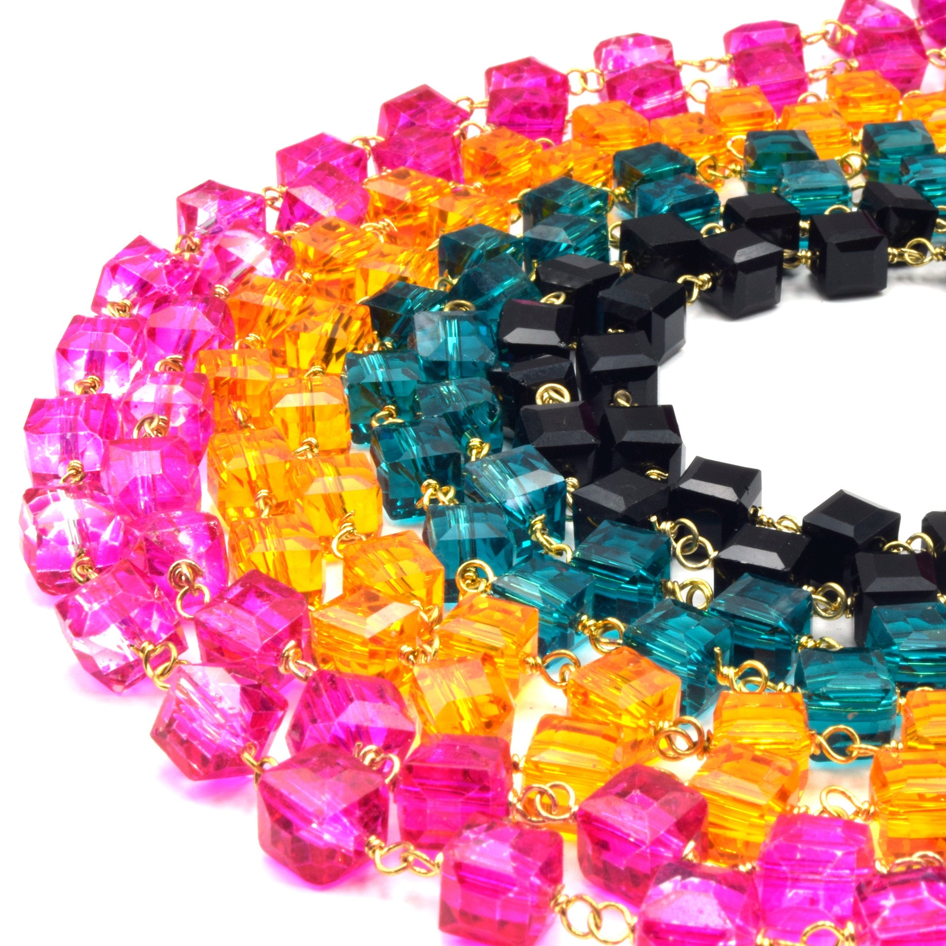 Rosary Chain | Cube Link Chain | Chinese Crystal Cube Chain | Black Pink Yellow Teal Chain | Gold Rosary Chain