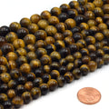 Large Hole Tigers Eye Beads | Tiger Eye Smooth Round Shaped Beads with 2mm Holes | 7.5&quot; Strand | 8mm 10mm 12mm Available | Loose Beads