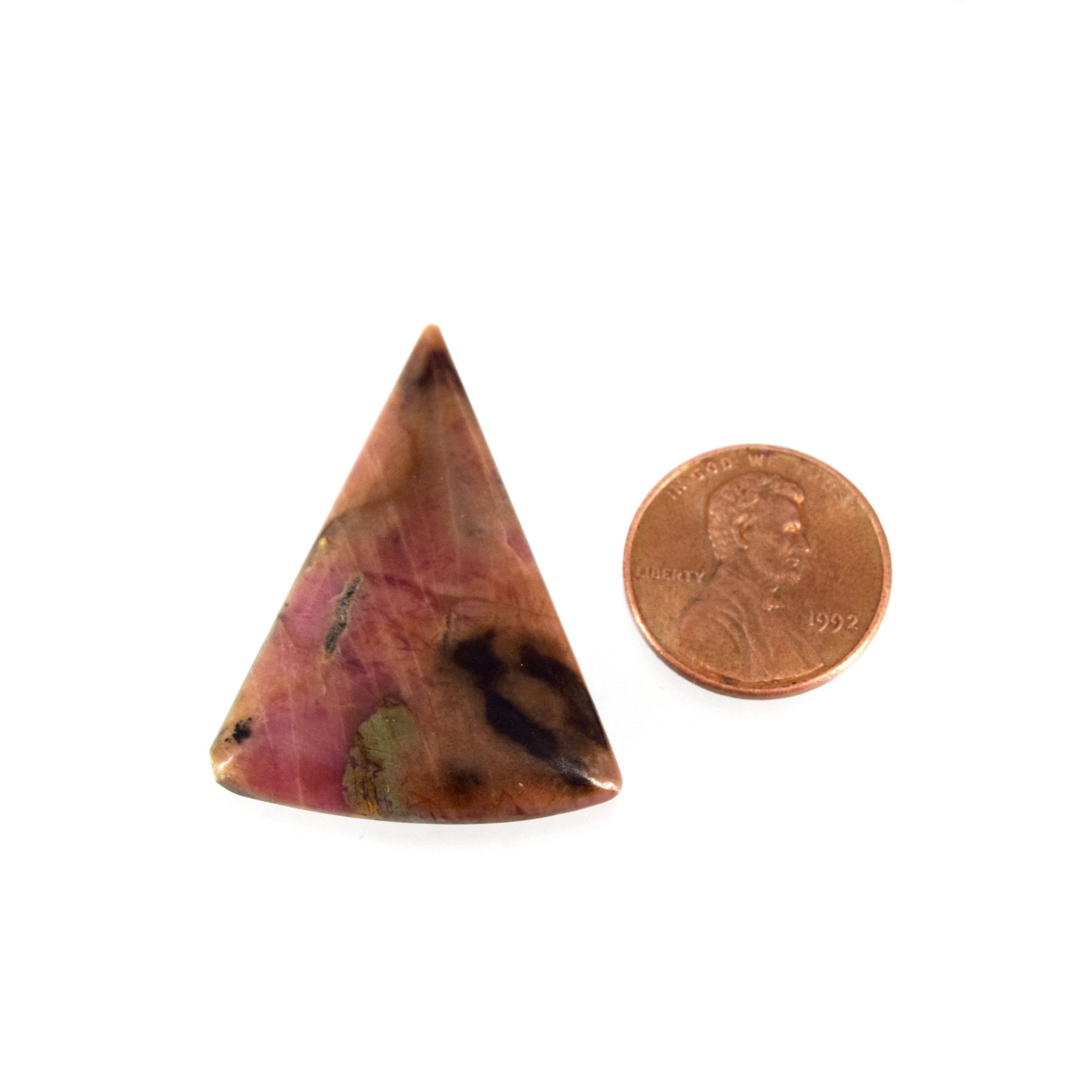 Rhodonite Cabochon | Trillion Shaped Flat Back Cabochon | 29mm x 38mm - 5mm Dome Height | OOAK Natural Gemstone Cabochon
