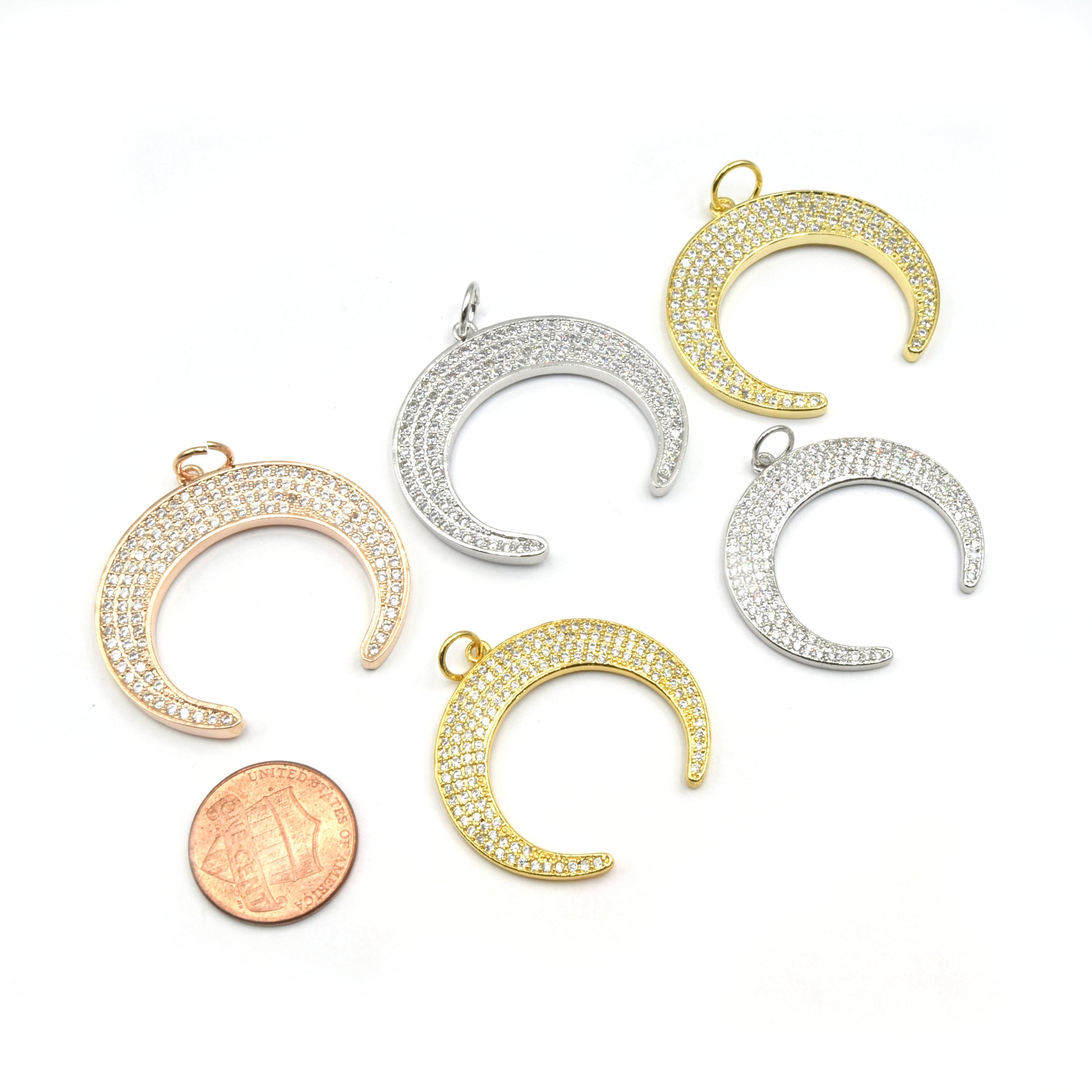 CZ Crescent Pendant | Cubic Zirconia Crescent Charm | Crescent Moon Charm | Gold Charm, Silver Charm, Rose Gold Charm | Bracelet Charm