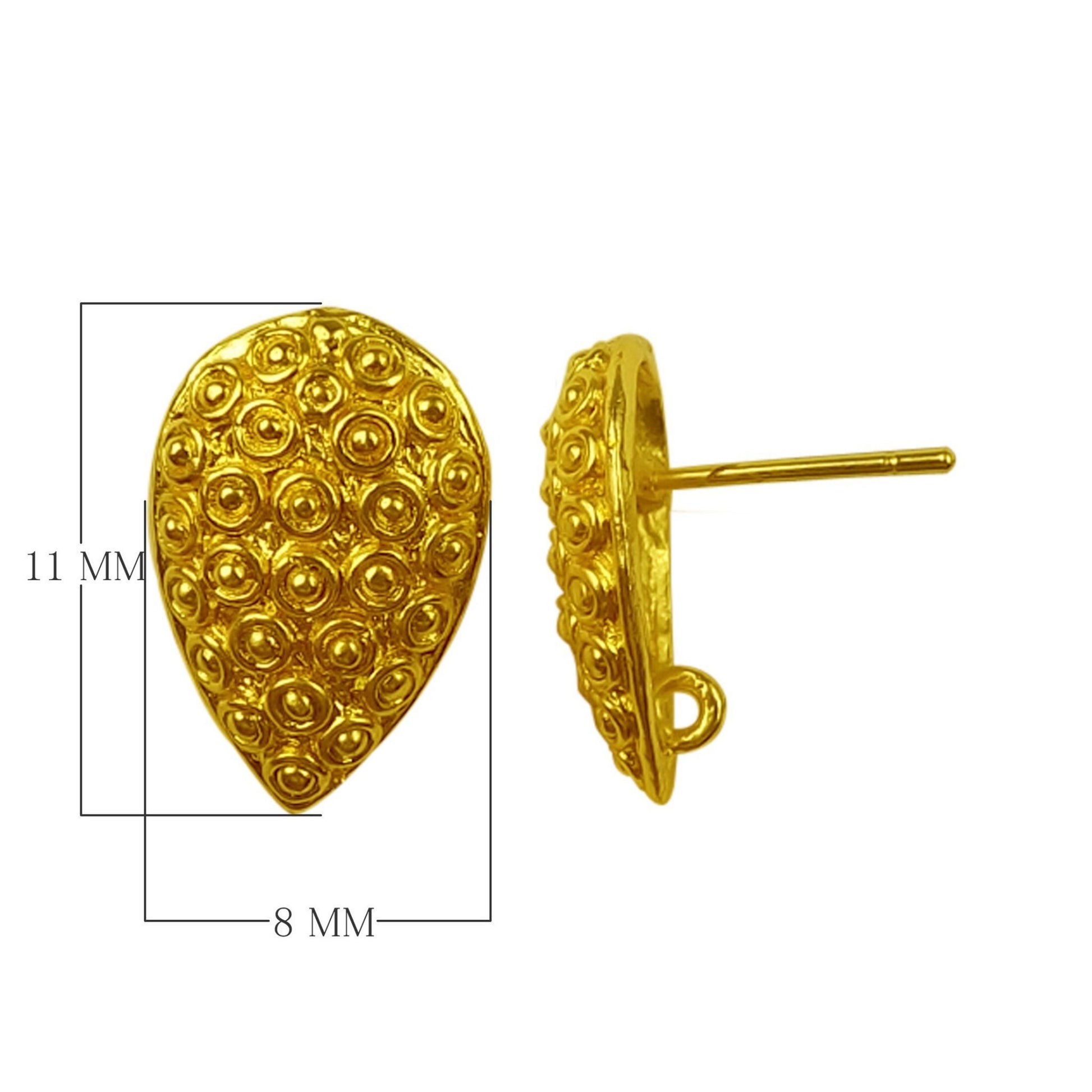 8mm x 11mm - 18k Gold Overlay Teardrop Shaped Post Clip with Hidden Loop - High Quality Earring Finding - 1 Pairs Per Pack (2 Pieces Total)