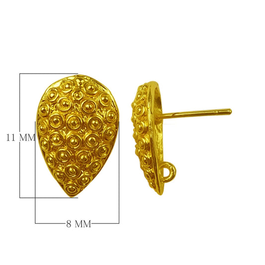 8mm x 11mm - 18k Gold Overlay Teardrop Shaped Post Clip with Hidden Loop - High Quality Earring Finding - 1 Pairs Per Pack (2 Pieces Total)