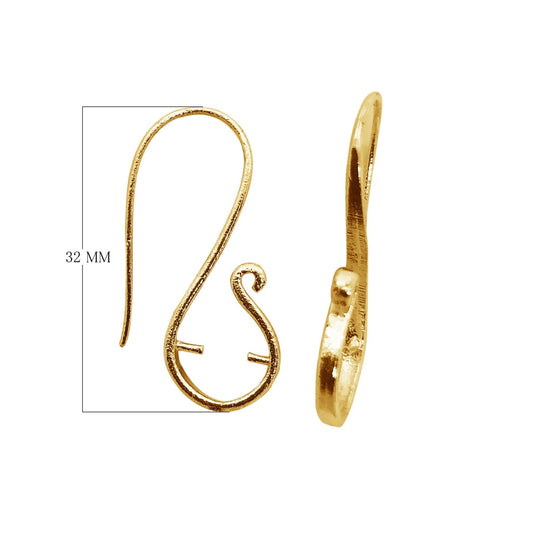 13mm x 32mm - 18k Gold Overlay 20 Gauge 'S' Shape with Inside Prongs - High Quality Earring Wire - 2 Pairs Per Pack (4 Pieces Total)