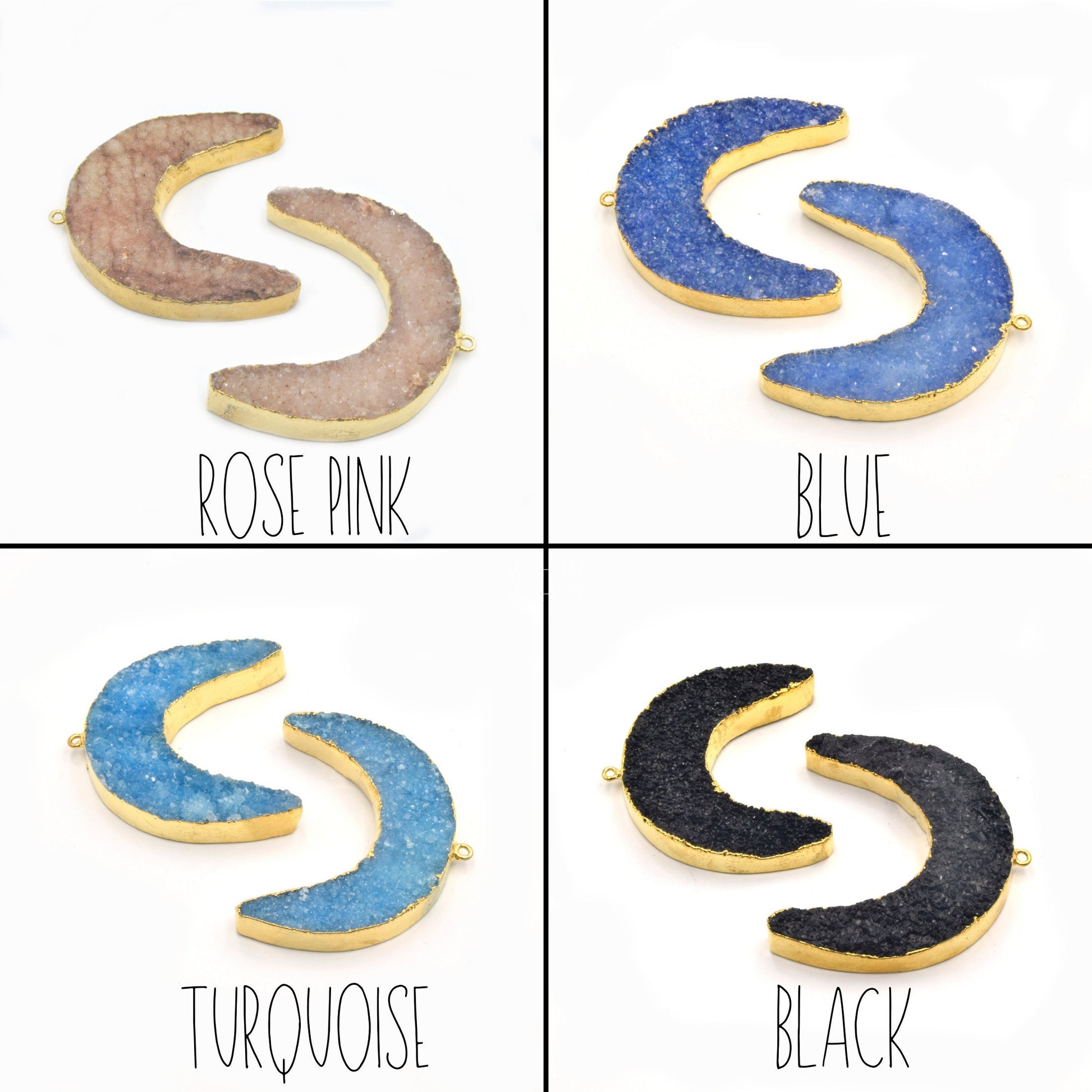 Druzy Pendant | Gold Electroplated Crescent Moon Shaped Pendant | Measuring 46mm x 44mm Approx.| Rose Pink Blue Turquoise Black Purple White