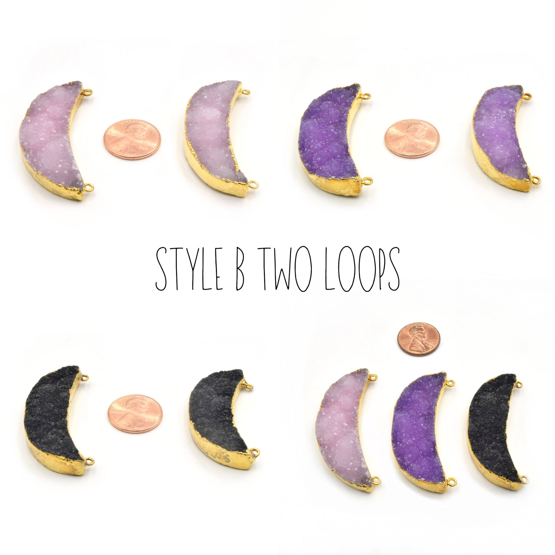 Druzy Pendant | Gold Electroplated | Crescent Moon Shaped Pendant Charm | Tan Teal Brown Purple Pink Black