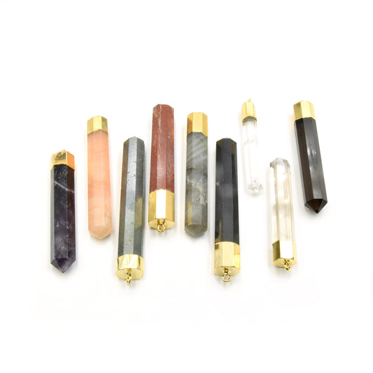 Crystal Point Gemstone Pendants | Gold Electroplated Faceted Focal Spike Pendants | Amethyst Aventurine Hematite Labradorite Onyx Quartz