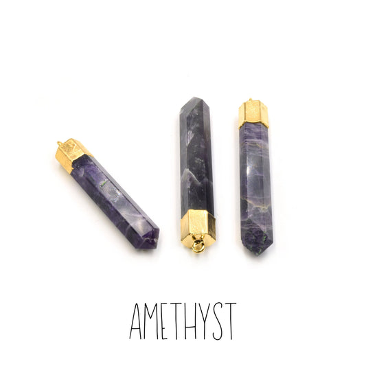 Crystal Point Gemstone Pendants | Gold Electroplated Faceted Focal Spike Pendants | Amethyst Aventurine Hematite Labradorite Onyx Quartz
