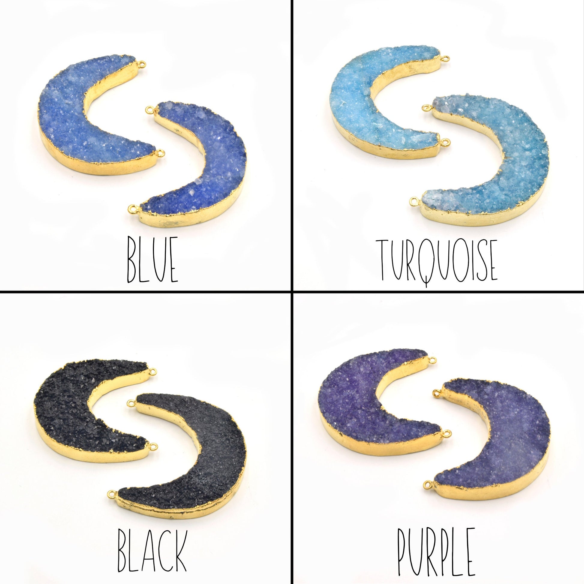 Druzy Pendant | Gold Electroplated Crescent Moon Shaped Pendant | Measuring 46mm x 44mm Approx.| Rose Pink Blue Turquoise Black Purple White