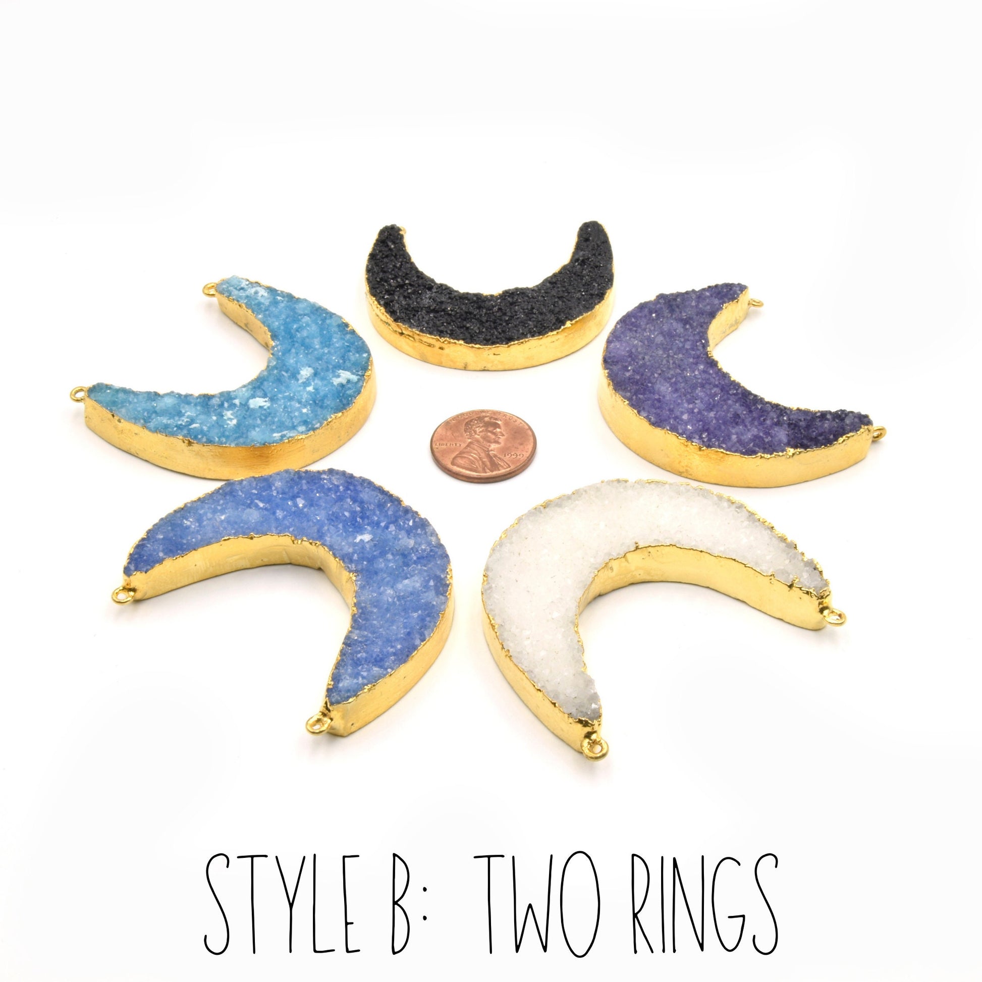 Druzy Pendant | Gold Electroplated Crescent Moon Shaped Pendant | Measuring 46mm x 44mm Approx.| Rose Pink Blue Turquoise Black Purple White