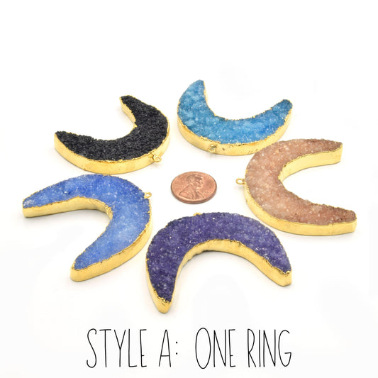 Druzy Pendant | Gold Electroplated Crescent Moon Shaped Pendant | Measuring 46mm x 44mm Approx.| Rose Pink Blue Turquoise Black Purple White