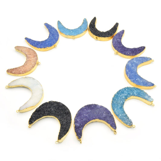 Druzy Pendant | Gold Electroplated Crescent Moon Shaped Pendant | Measuring 46mm x 44mm Approx.| Rose Pink Blue Turquoise Black Purple White
