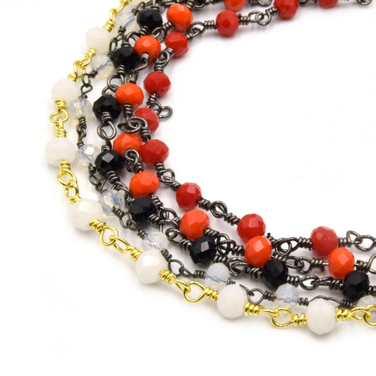 Rosary Chain / 3mm x 4mm Faceted Rondelle Crystal Beads / Plated Copper - Sold by the Foot - Beaded Chain in Gold Silver or Gunmetal