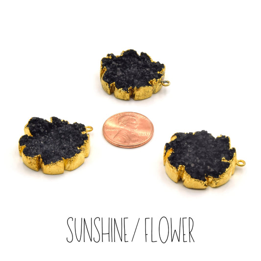 Druzy Pendant | Gold Electroplated Black Druzy Pendant Charm | Sunshine/Flower and Quatrefoil/Clover Shape Available