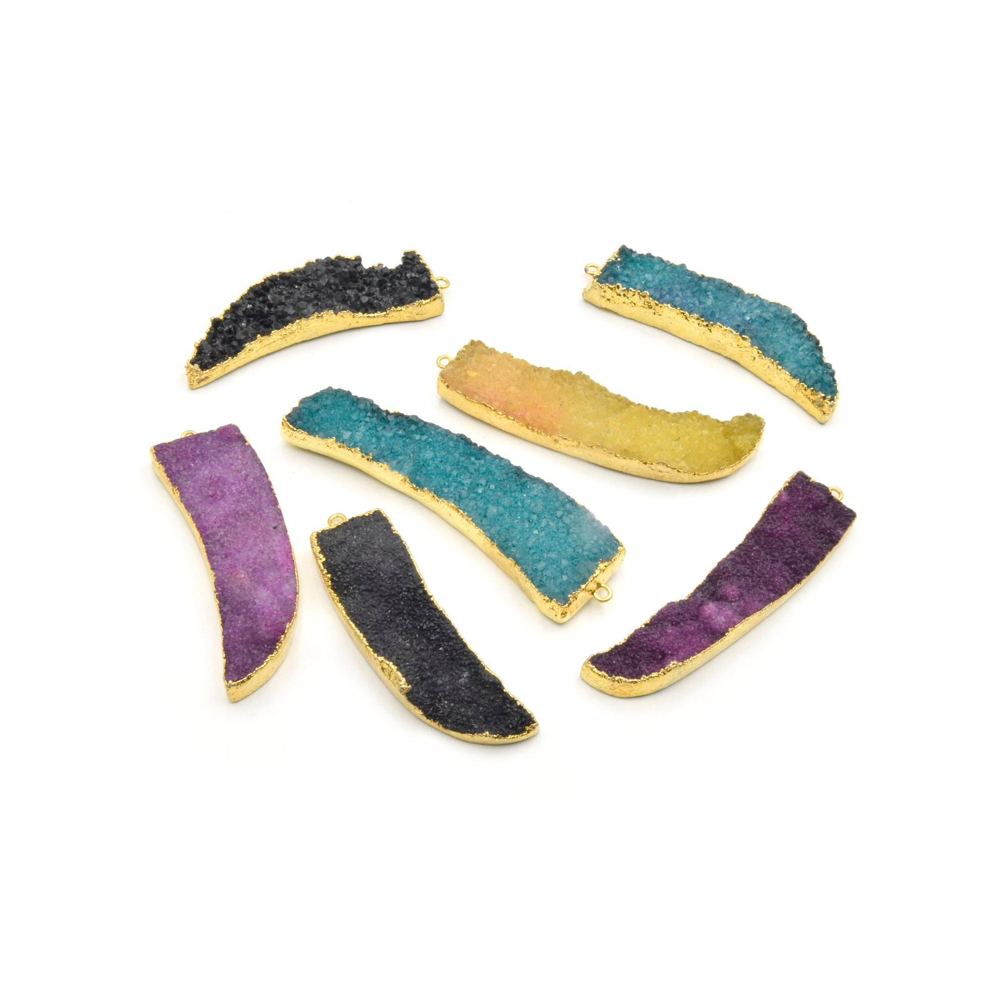 Druzy Pendant | Gold Electroplated Tusk/claw Pendant Charm |  Measuring 16mm x 55-60mm, Approx. | Yellow Magenta Black teal Red/Orange