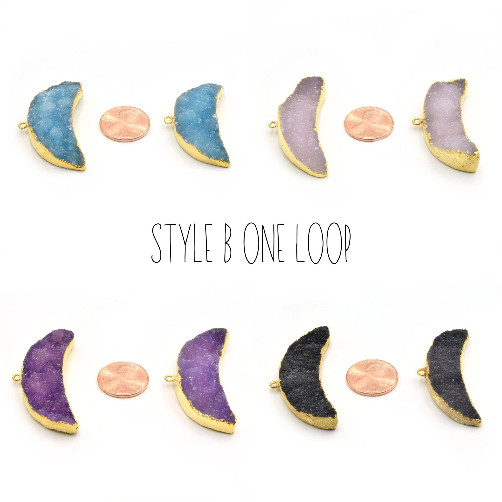 Druzy Pendant | Gold Electroplated | Crescent Moon Shaped Pendant Charm | Tan Teal Brown Purple Pink Black