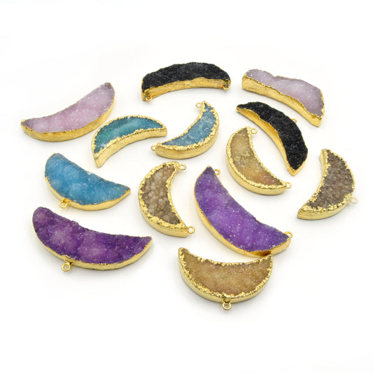 Druzy Pendant | Gold Electroplated | Crescent Moon Shaped Pendant Charm | Tan Teal Brown Purple Pink Black