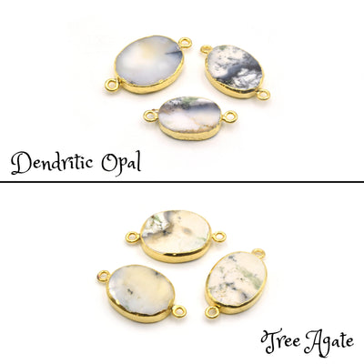 Oval Gemstone Connectors | Electroplated Smooth Flat Oval Connectors | Aventurine Agate Jasper Opal Quartz Vasonite | Three Sizes Available