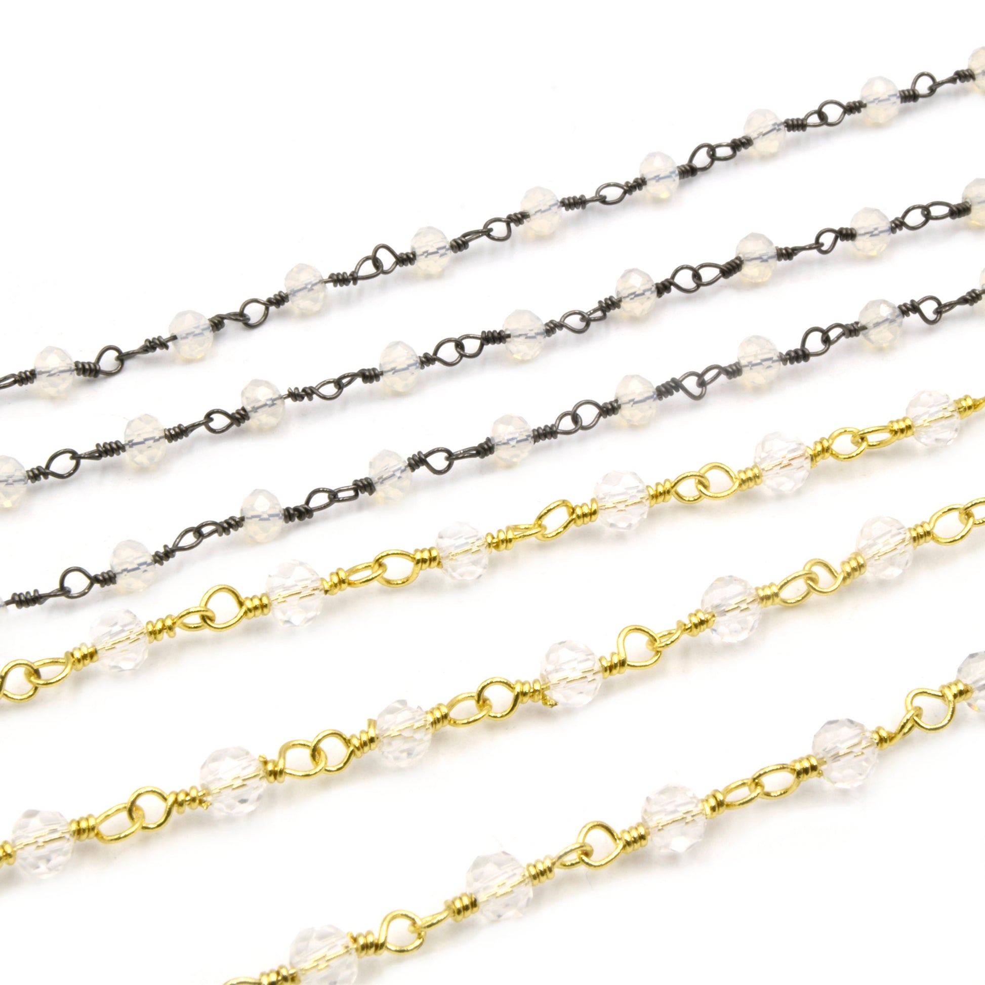 Rosary Chain / 3mm x 4mm Faceted Rondelle Crystal Beads / Plated Copper - Sold by the Foot - Beaded Chain in Gold Silver or Gunmetal