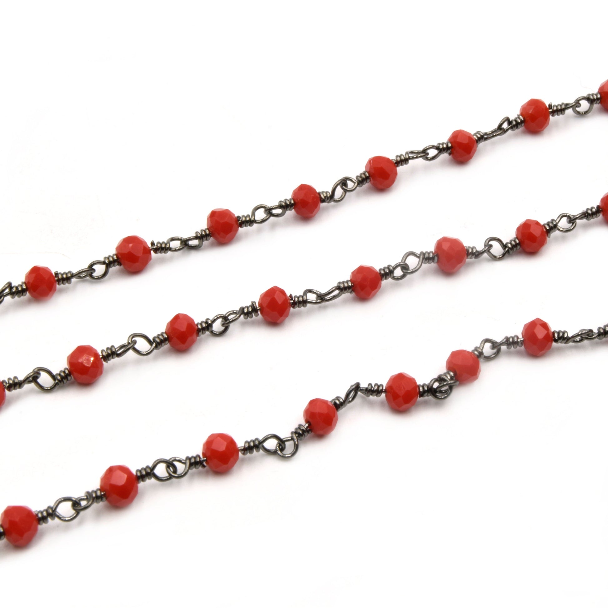Rosary Chain / 3mm x 4mm Faceted Rondelle Crystal Beads / Plated Copper - Sold by the Foot - Beaded Chain in Gold Silver or Gunmetal