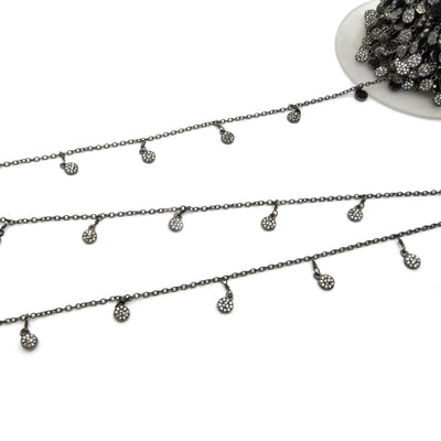 Silver Gunmetal Plated Copper Spaced Single Dangle Wrapped Chain with 6mm CZ Embellished Coin Dangles - Sold by 1 Foot Length