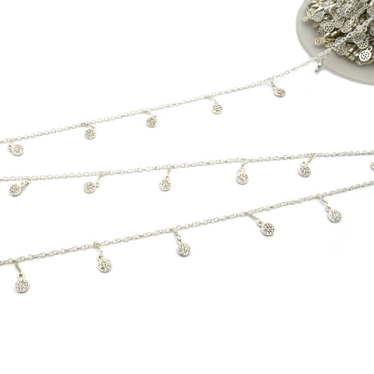 Silver Gunmetal Plated Copper Spaced Single Dangle Wrapped Chain with 6mm CZ Embellished Coin Dangles - Sold by 1 Foot Length